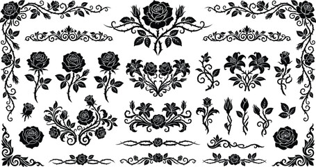Blooming roses tattoo style gothic floral border bundle with decorative scrolls vector, vintage baroque frame set, ornate fine line filigree divider collection. © Graphiccircle
