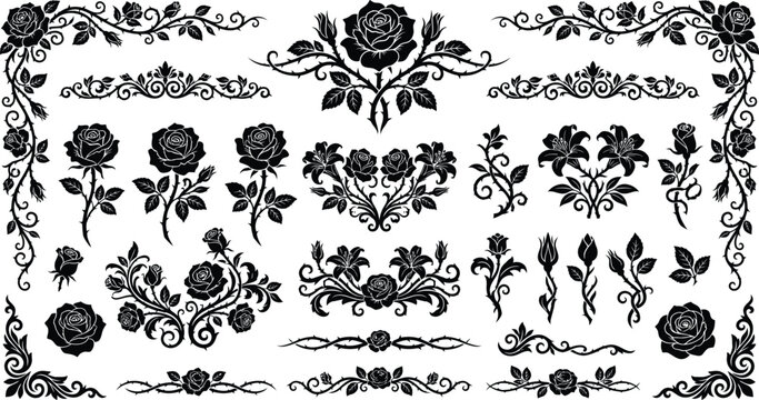 Blooming roses tattoo style gothic floral border bundle with decorative scrolls vector, vintage baroque frame set, ornate fine line filigree divider collection.