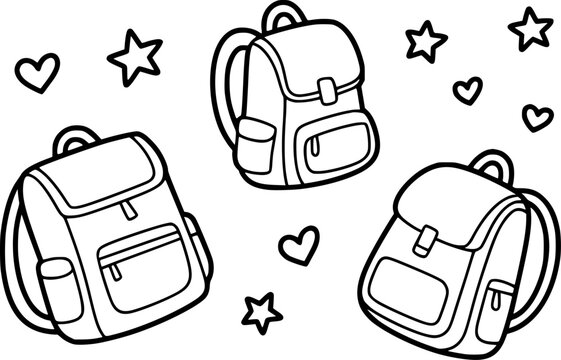 Cute hand-drawn coloring page featuring three school backpacks surrounded by decorative hearts and stars
