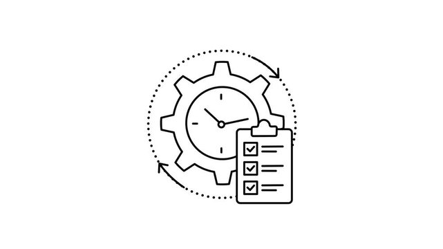Workflow Management, Time Planning, Task Organization And Process Optimization  Outline Icon Design Animation. Gear, Clock And Checklist Linear Animated Symbol.