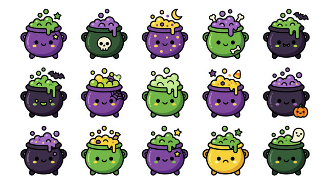 A collection of colorful cartoon cauldrons bubble and steam on a white background yu 41