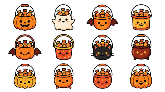 Halloween themed candy buckets and pumpkins with gummy bears inside glass containers on white background yu 43