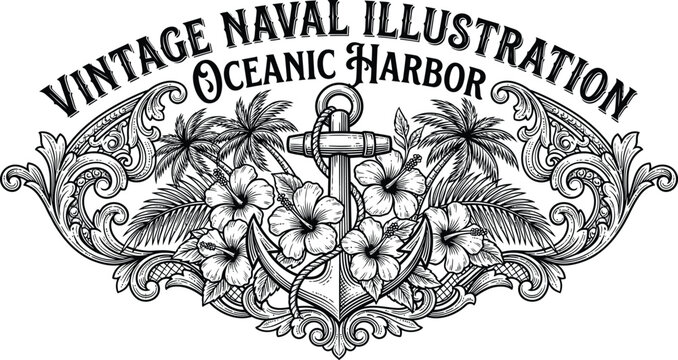 Vintage maritime anchor emblem with hibiscus flowers and tropical palm trees vector, retro ocean surf beach logo, minimalist summer travel badge.