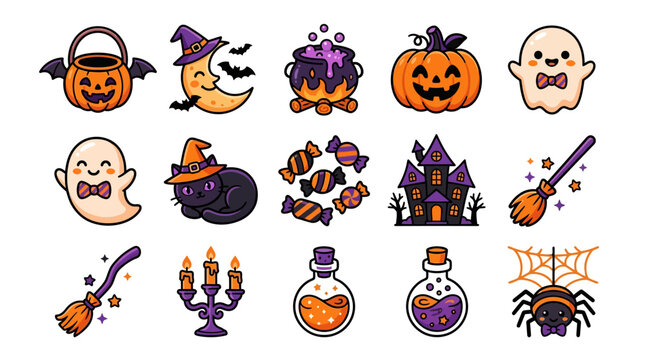 Halloween themed illustrations of spooky and festive icons on white background yu 50