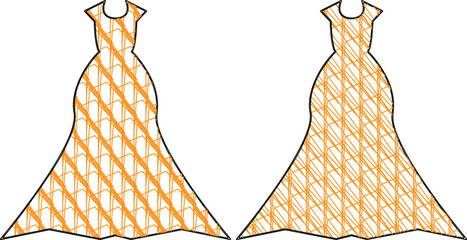 Fashion technical flat sketch of a mermaid gown with orange diagonal stripe geometric pattern fill template © FashionWear Studio