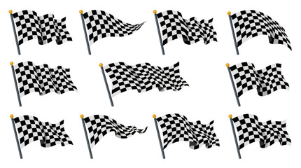 Wavy racing checker flag vector illustration, a collection of dynamic checkered flags in motion, perfect for sports and speed themes © Royal Studio