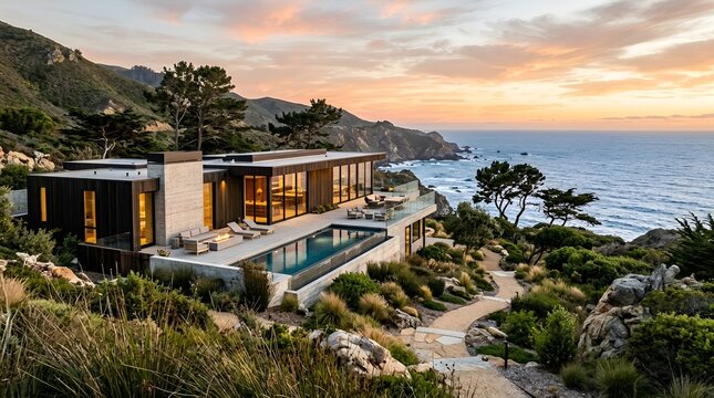Modern Luxury Oceanfront Villa with Infinity Pool at Sunset
