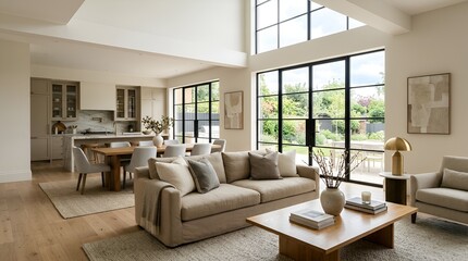 Fototapeta premium Modern open plan living room and kitchen with high ceilings and large windows