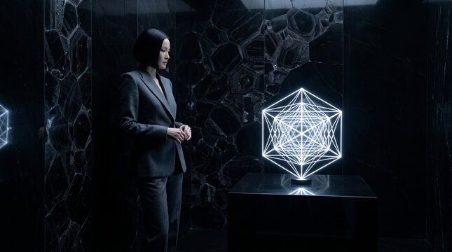 Businesswoman Examining Digital Geometric Network Structure