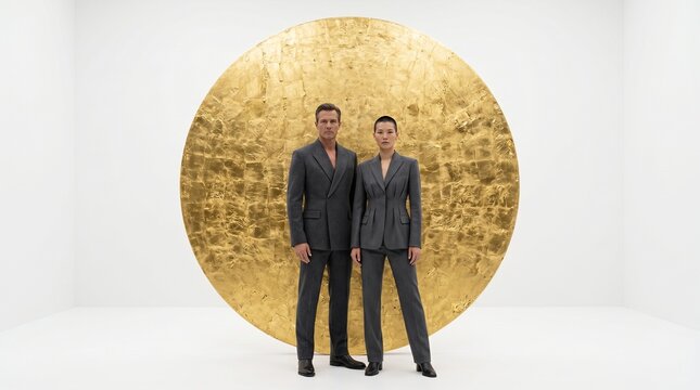 Confident Business Professionals Standing Before Gold Circle
