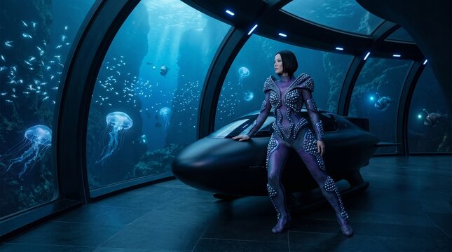 Woman in Futuristic Suit Inside Underwater Submarine