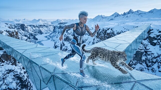 Woman Running on Glass Bridge in Snowy Mountains with Snow Leopard