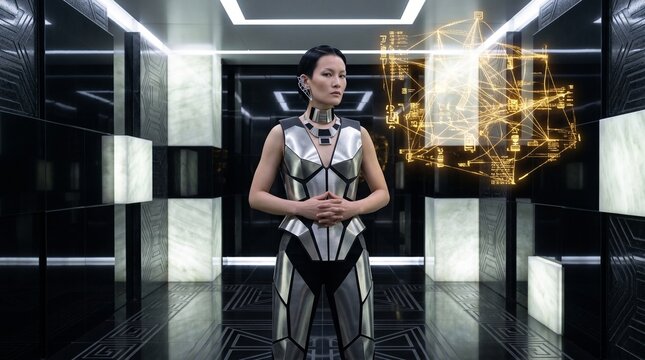 Woman in Futuristic Suit with Holographic Network Interface