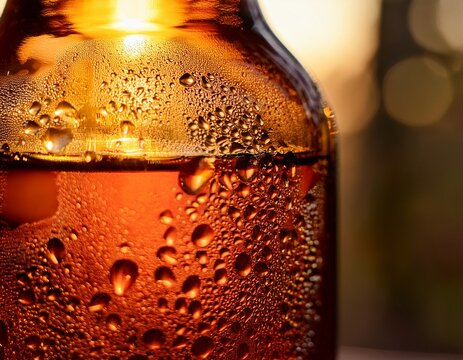close up of amber glass bottle with condensation and warm backlight emphasizing texture and transparency
