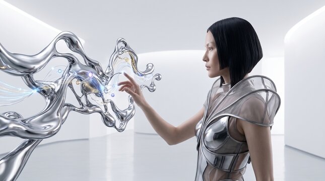 Woman Interacting with Digital AI Hologram Interface