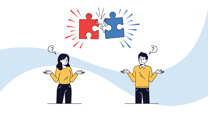 Confused man and woman look at broken red and blue puzzle pieces above them representing conflict or deep misunderstanding.