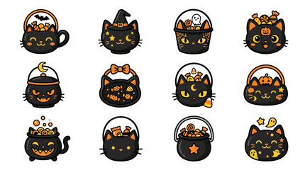 Obraz premium Halloween black cats with orange eyes and accessories in trick-or-treat buckets and teacups, yu (70) festive.