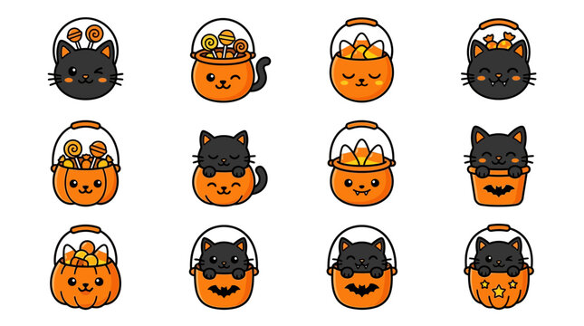 Halloween celebration with cats in pumpkin buckets and cauldrons on white background yu 73