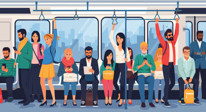 Large diverse group of commuters standing and sitting inside a moving subway train car during a busy urban transit commute.