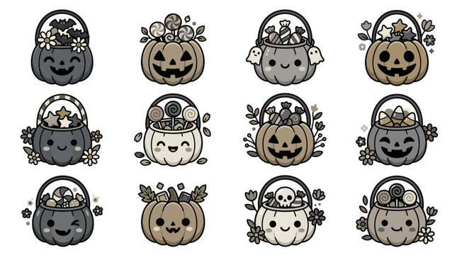 Halloween trick-or-treat buckets filled with candy and decorations on a white background yu 206