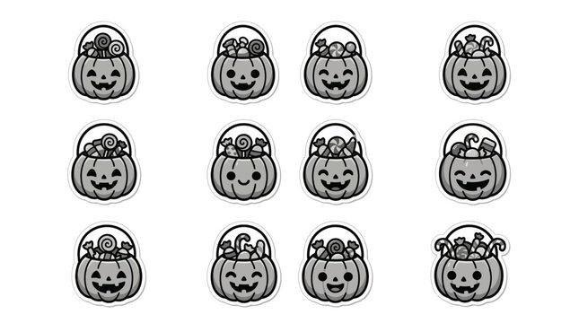 A set of cute pumpkin illustrations with smiling faces and decorative tops, yu (209) in a festive Halloween scene.