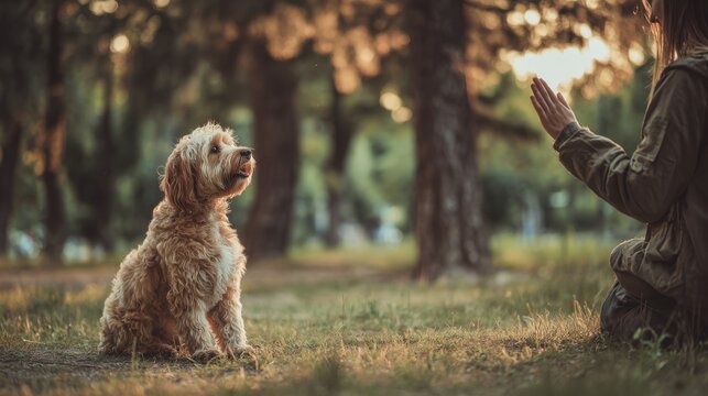 Golden retriever dog training session with trainer in a park at sunset