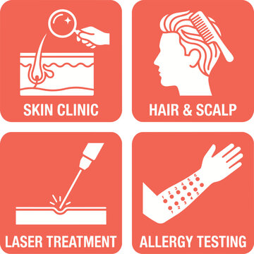 Dermatology department hospital signage icon set, flat vector coral orange signs pack for skin clinic, hair and scalp, laser treatment, and allergy testing navigation symbols