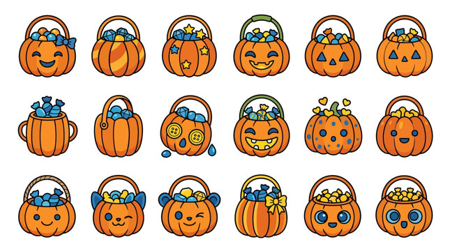 A set of cartoon pumpkins with baskets full of candy on a white background yu 222