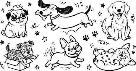 Cute hand drawn puppy dog breed vector set with pug, corgi, french bulldog, and dachshund, sketchy pet animal cartoon doodle collection, sticker asset. © Graphiccircle