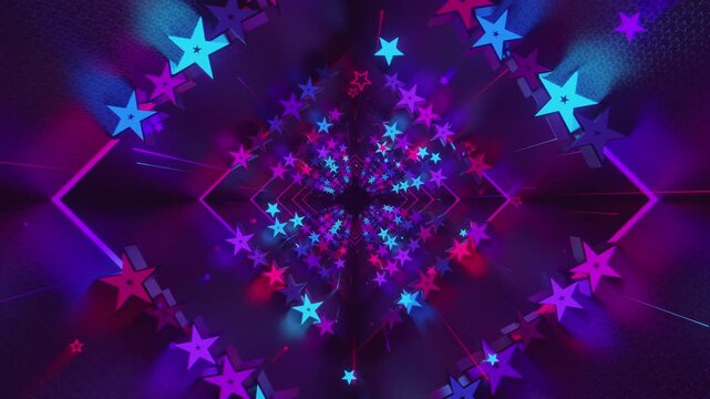 Seamless digital star vortex with rhythmic motion and glowing geometric elements, creating a deep perspective background for stage screens and event displays.
