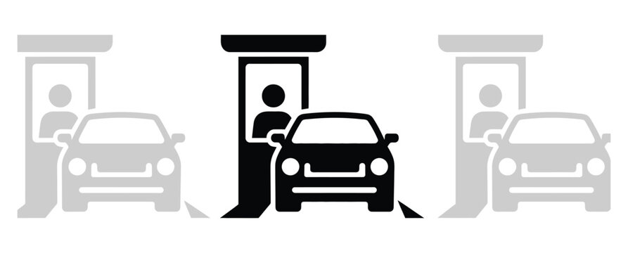 drive thru icons collection with car service window, cashier booth, food pickup and toll gate symbols, transportation and quick service concept, simple flat vector design isolated on white background.