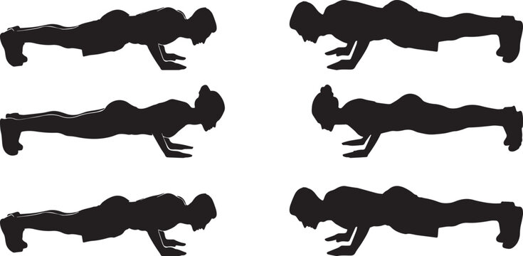 Push Up Exercise Silhouette Vector Collection, Female Fitness Strength Training Workout Poses for Home Gym Illustration Isolated on White Background