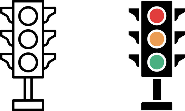 Traffic light signal icons in line and solid styles for road safety design with semaphore junction transport transportation crossroads regulation
