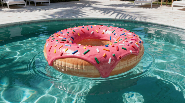 The Great Escape concept with a pink frosted donut inflatable pool float drifting in clear turquoise water, vibrant optimism summer marketing background with tropical palm shadows and copy space.