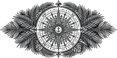 Heritage navigation compass crest with central anchor and decorative tropical foliage vector, vintage maritime emblem, luxury marine nautical logo ornament. © Graphiccircle