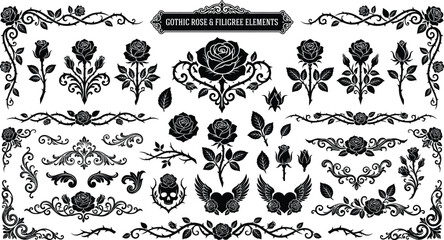 Tattoo style gothic floral border bundle with decorative scrolls and rose blossoms vector, vintage dark baroque frame corner set, ornament design. © Graphiccircle