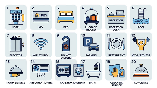 Hotel amenities and services icons illustrated in a modern flat style for infographic