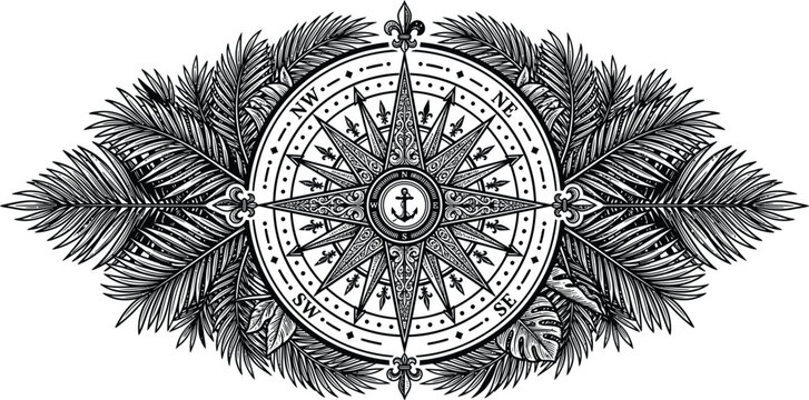 Heritage navigation compass crest with central anchor and decorative tropical foliage vector, vintage maritime emblem, luxury marine nautical logo ornament.