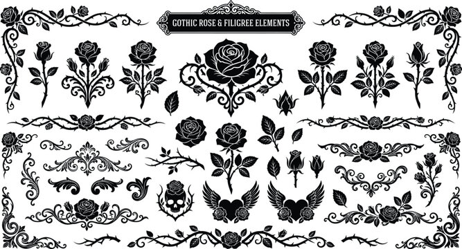 Tattoo style gothic floral border bundle with decorative scrolls and rose blossoms vector, vintage dark baroque frame corner set, ornament design.