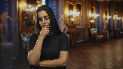 Fototapeta premium Woman wearing black t shirt shrugging with hand on chin and arms out in ornate museum gallery; skepticism contemplation.