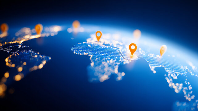 World map with location pins and glowing markers, representing global logistics, geographic coverage, and connected service networks.
