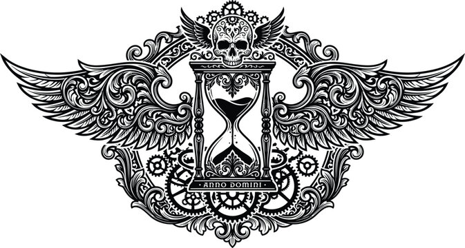Ornate gothic filigree label with winged sand timer and clock gears vector, vintage memento mori emblem, dark steampunk frame ornament design.