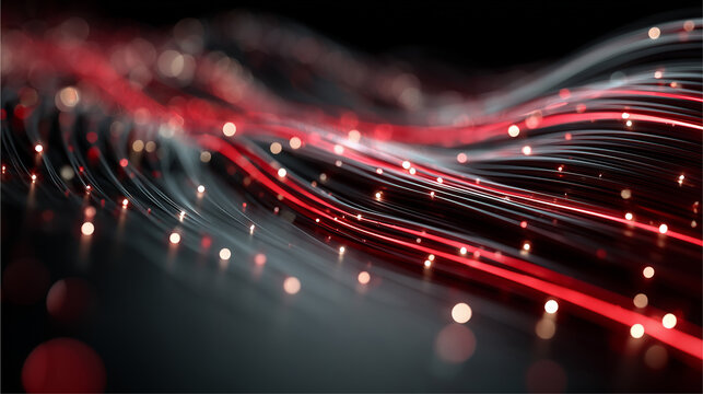 Abstract 3D render of glowing deep ruby red and metallic obsidian fiber optic waves for cyber security and network data protection concept