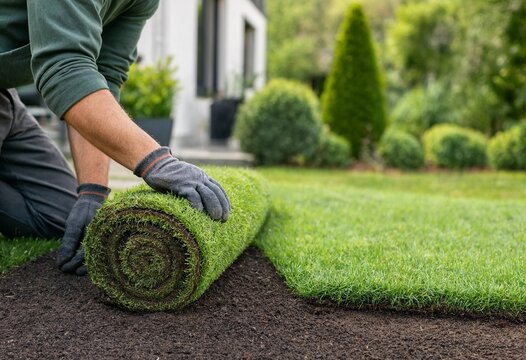 Worker hands unrolling fresh sod grass onto prepared soil during landscaping project, showcasing lawn installation, outdoor maintenance, gardening, sustainability, and residential improvement.