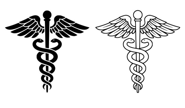 Medical caduceus symbol set with solid black and outline variations