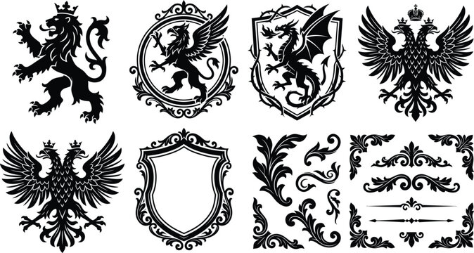 Medieval royal crest and coat of arms asset collection with shield frames and filigree vector, vintage heraldic emblem, majestic king crown luxury design.