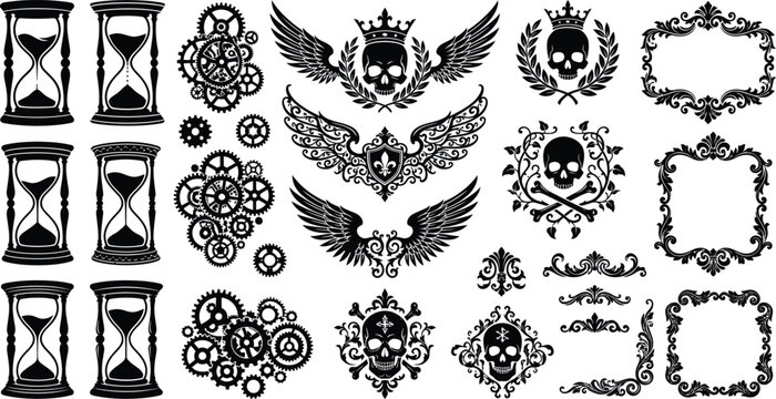 Tattoo style biker emblem set with winged skulls, cogs, and decorative borders vector, motorcycle club badge, gothic mechanic rider illustration, vintage rock logo.