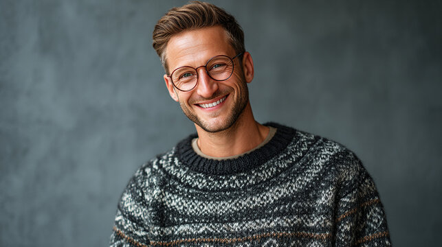 Smiling caucasian man wearing patterned wool sweater and glasses studio portrait