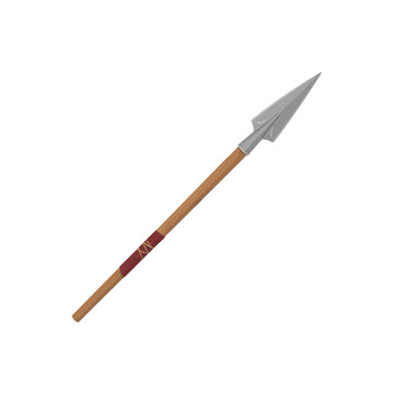 Traditional medieval spear with sharp metal tip and wooden shaft wrapped in red fabric isolated on white background, for historical game assets