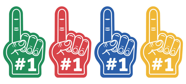 foam hand fan glove vector set with number one finger and hashtag one support signs, colorful sports cheering icons, team spirit and fan enthusiasm symbols, dynamic stadium event illustration isolated